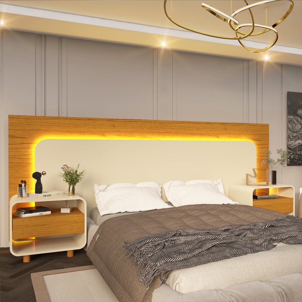 Cabeceira Box Innova com 2 Mesas de Cabeceira NaturaleOff White Gelius - Imagem 3