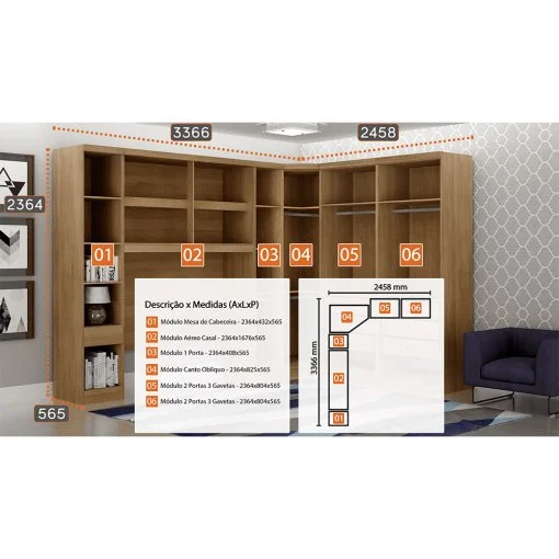 Guarda Roupa Modulado Rizon 005 Casal 6 Peças Novo Horizonte - Imagem 2