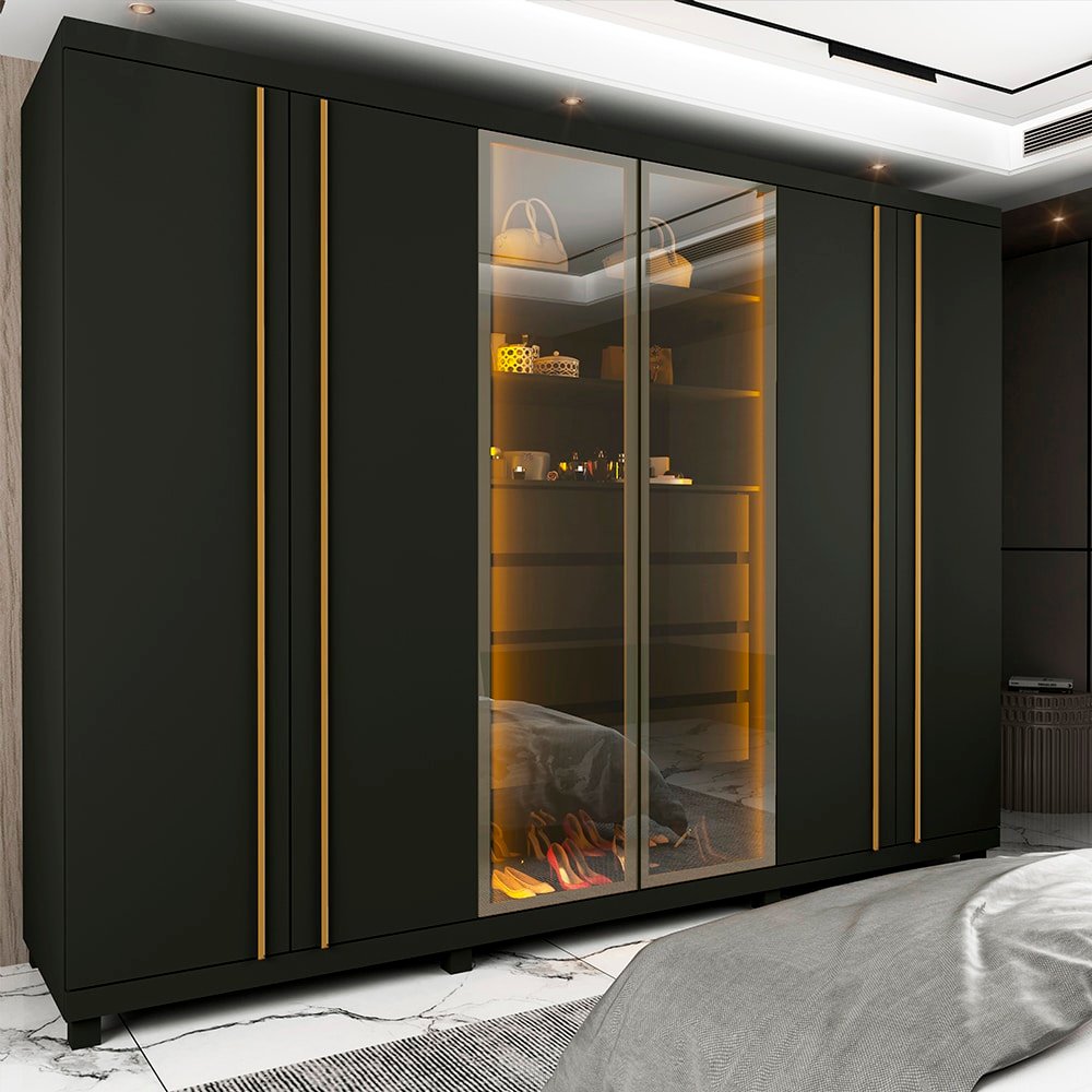 Guarda Roupa Absolute New Casal 6 Portas 4 Gavetas com Vidro Reflecta e LED Gelius - Imagem 2