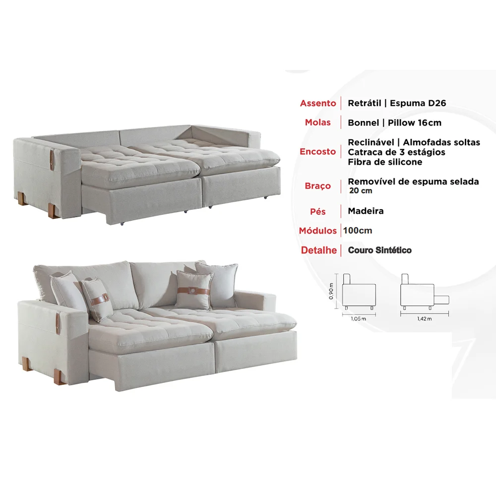 Sofá Cama Zeus 4 Lugares Retrátil e Reclinável 220cm Tecido Linho Innove - Imagem 4