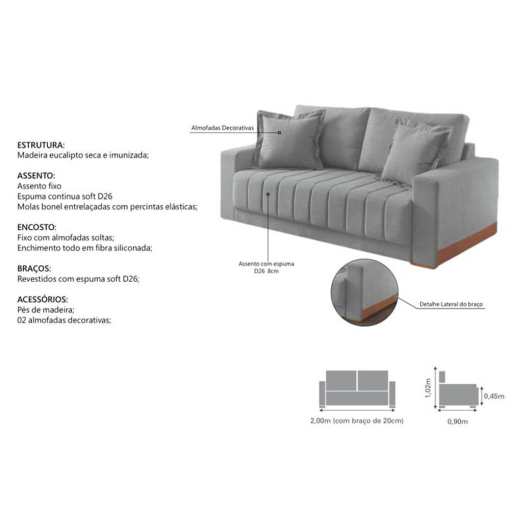 Sofá Vicam Buzios com Almofadas Soltas 3 Lugares Tecido Linho 200cm Vicam - Imagem 4