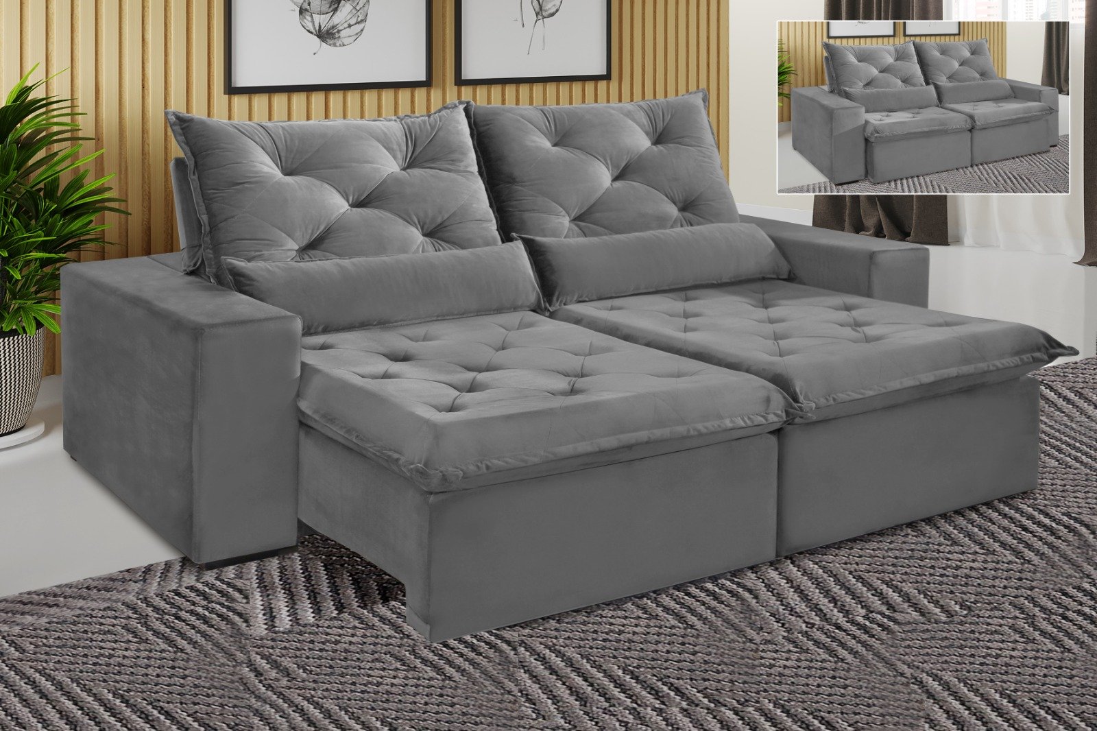 Sofá 4 Lugares Elegance Retrátil e Reclinável com Tecido Veludo de 230cm - Imagem 2