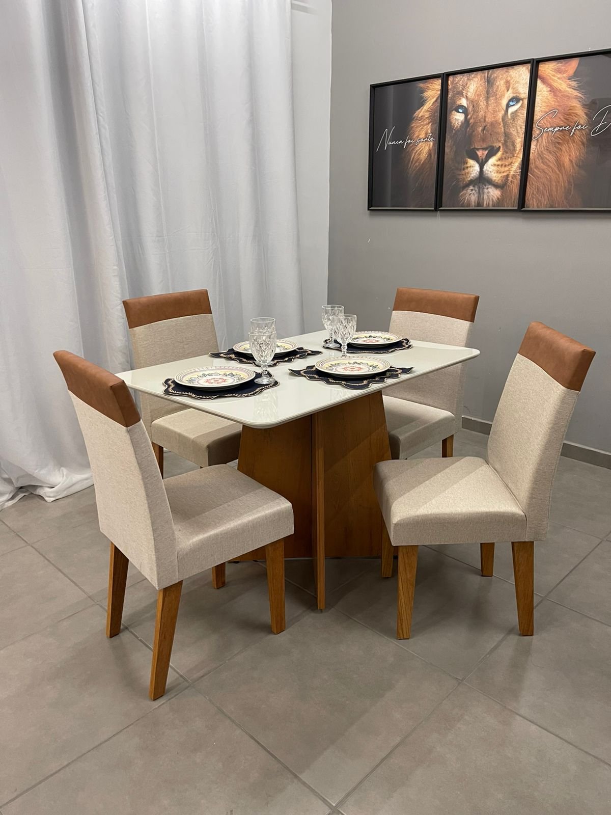 Mesa de Jantar Viena 120x90cm com 4 Cadeiras Turim Tecido Linho Viero - Imagem 2